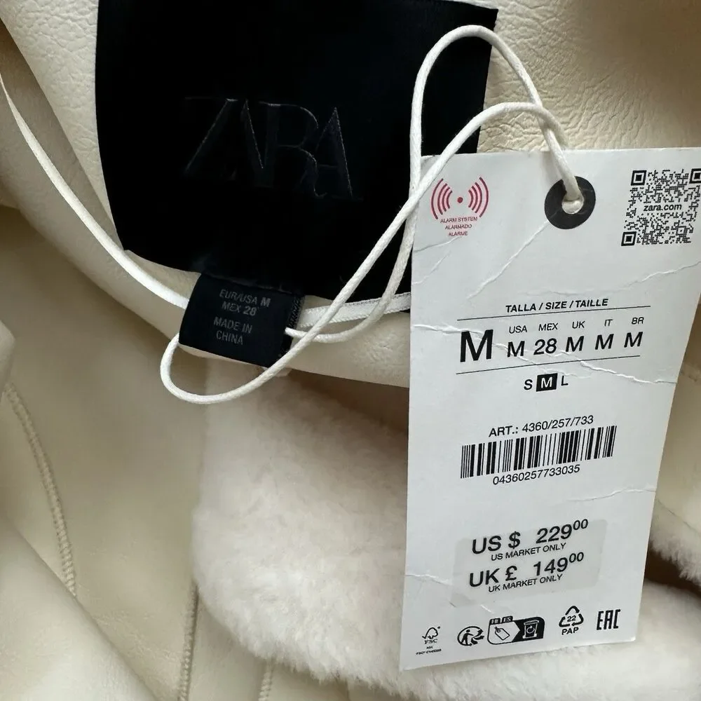 ZARA ZW Collection Faux Fur Belted Long Coat Cream Ecru Medium 4360/257 NWT